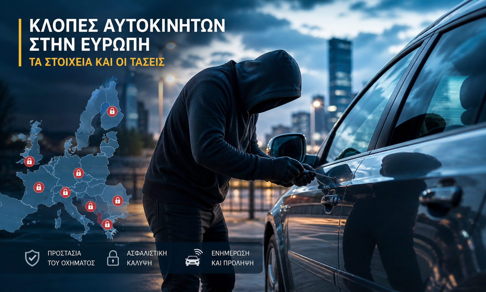Αυτοκίνητο σε αστικό περιβάλλον με έμφαση στην ασφάλεια και την προστασία από κλοπή.